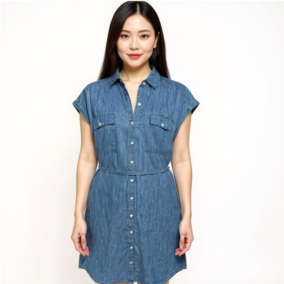 Express Denim Jean Shirt Dress Womens Sz M Button Front Short Sleeve Chambray - Picture 1 of 8